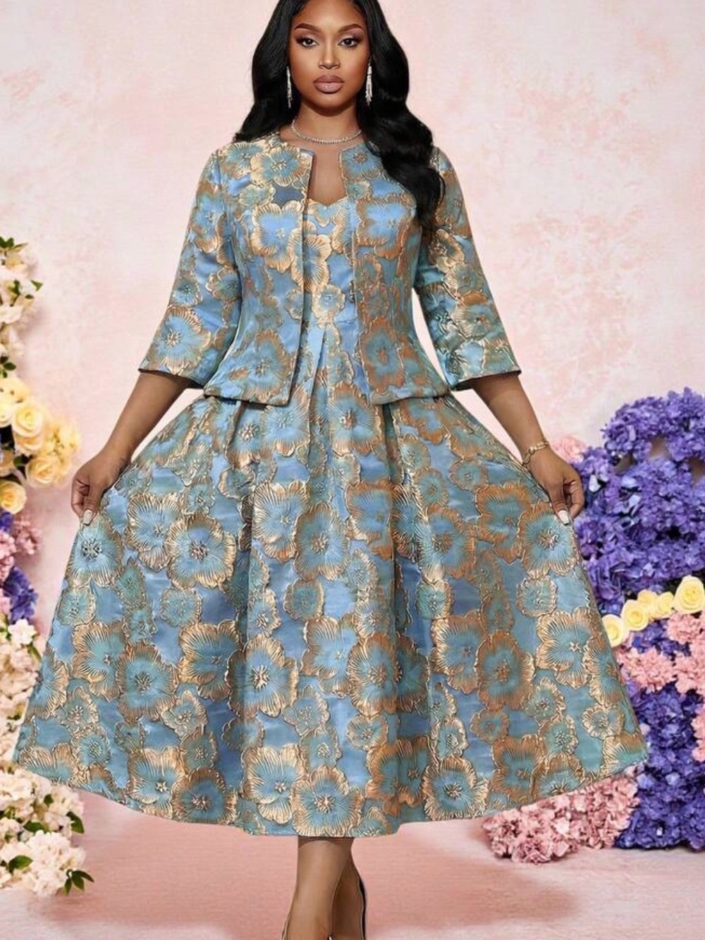 2 Pcs Elegant Blue & Gold Floral Midi Dress with Matching Jacket